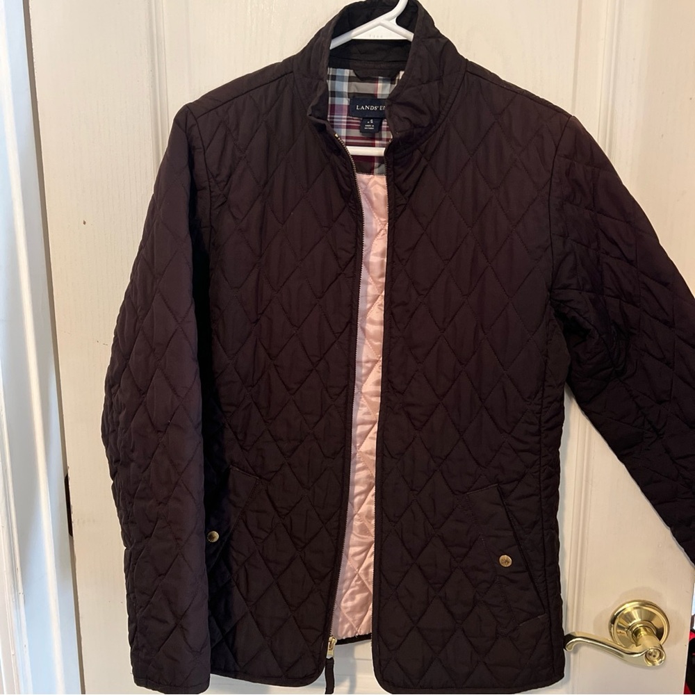 Lands' End Women's Quilted Puffer Jacket - Dark Brown pink & plaid lining